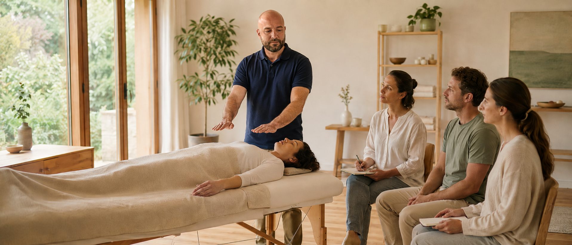 Vincent Delagarde anime une formation Reiki à Saint-Avertin auprès de plusieurs participants dans un cadre calme et lumineux.
