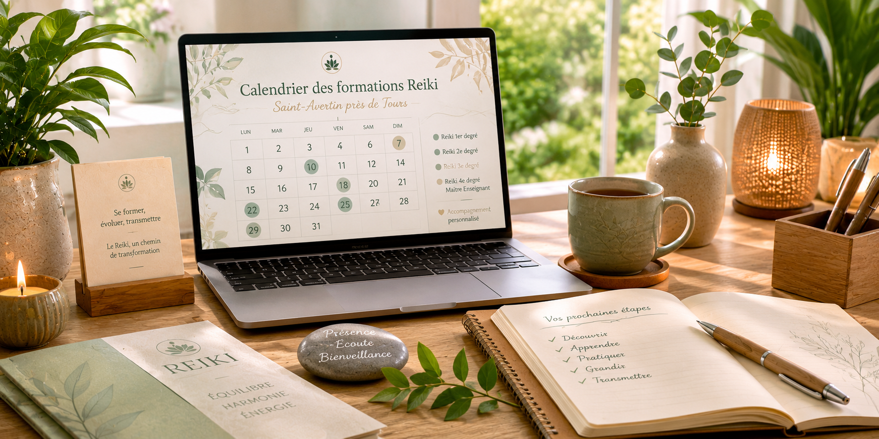 Calendrier des formations Reiki à Saint-Avertin près de Tours présenté dans une ambiance professionnelle, calme et lumineuse.