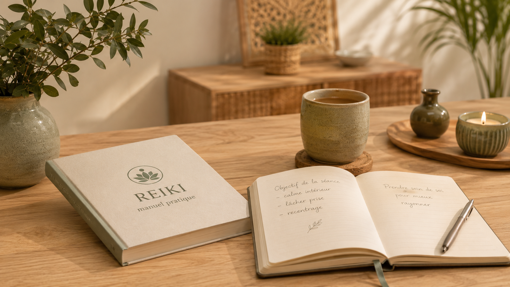 Manuel Reiki, carnet et tasse sur une table en bois dans une ambiance calme et chaleureuse à Saint-Avertin.